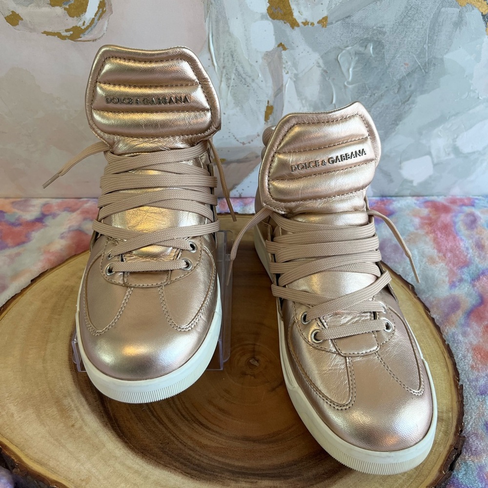 Authentic Dolce & Gabbana Metallic Gold LeatherFlag High Top Sneakers Size 11